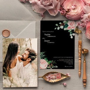 Blush Floral Black Photo Wedding Kaart