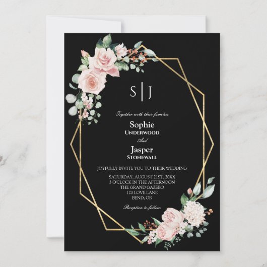 Blush Floral Black Simple Monogram Details bruilof Kaart (Voorkant)