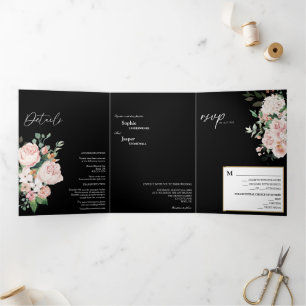Blush Floral Black Tri-Fold Wedding Invitation Drieluik Uitnodiging