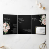Blush Floral Black Tri-Fold Wedding Invitation Drieluik Uitnodiging (Binnen)