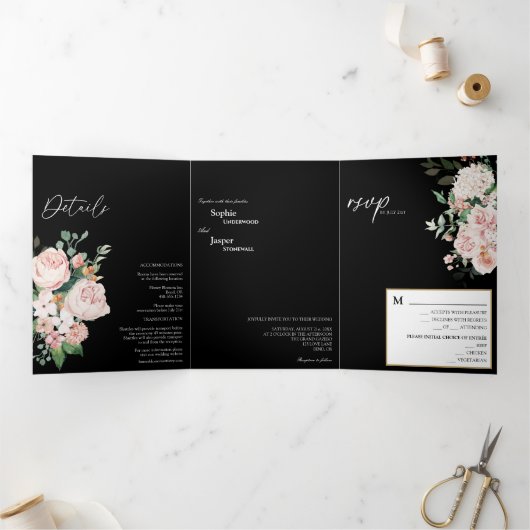 Blush Floral Black Tri-Fold Wedding Invitation Drieluik Uitnodiging (Binnen)