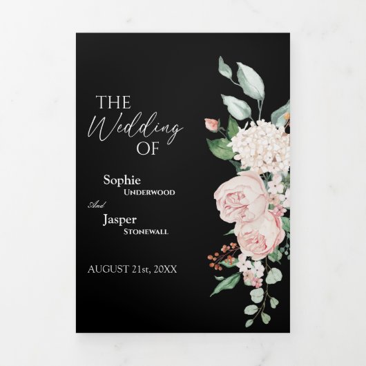 Blush Floral Black Tri-Fold Wedding Invitation Drieluik Uitnodiging (Cover)