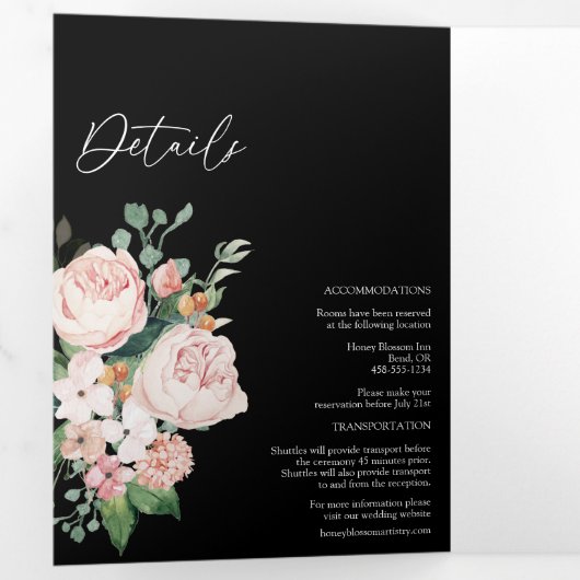 Blush Floral Black Tri-Fold Wedding Invitation Drieluik Uitnodiging (Binnenzijde eerst)
