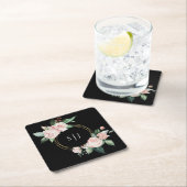 Blush Floral Black Weddenemonogram Kartonnen Onderzetters (Insitu)