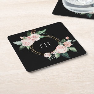 Blush Floral Black Weddenemonogram Kartonnen Onderzetters