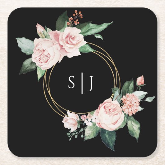 Blush Floral Black Weddenemonogram Kartonnen Onderzetters (Voorkant)