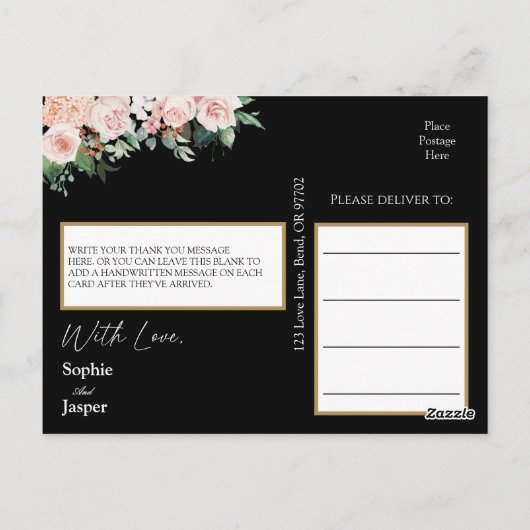 Blush Floral Black Weddenschap Dank je Briefkaart (Achterkant)