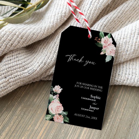 Blush Floral Black Weddenschap Hartelijk dank Labe Cadeaulabel
