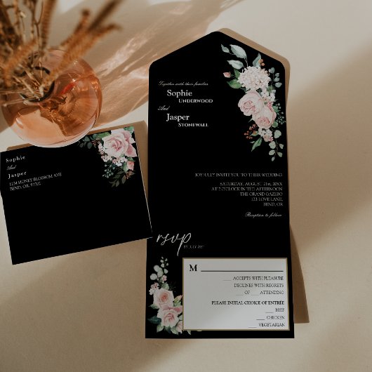 Blush Floral Black Weddenschap in één uitnodiging