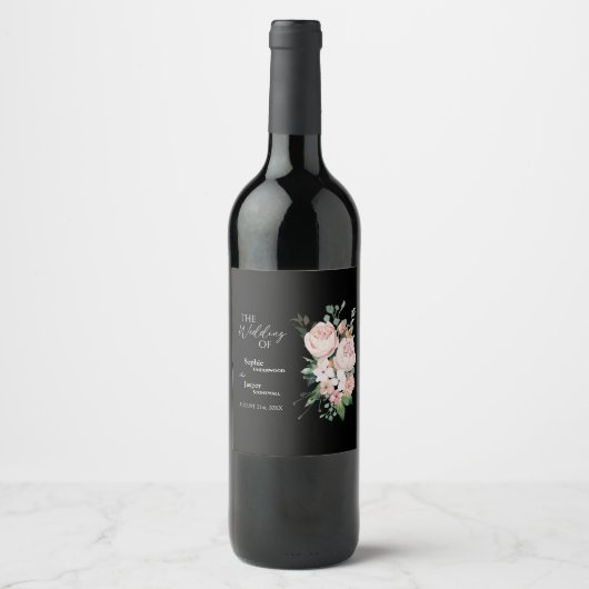 Blush Floral Black Weddenschap Wine Label Wijn Etiket (Voorkant)