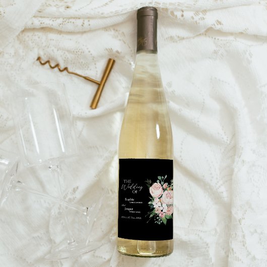 Blush Floral Black Weddenschap Wine Label Wijn Etiket