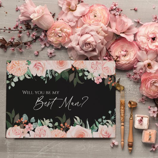 Blush Floral Black Wedding Best Man proposal Kaart