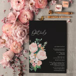 Blush Floral Black Wedding Details Informatiekaartje<br><div class="desc">Deze bloedige zwarte bruiloft details behuizingskaart biedt prachtige, chic neutrale achtergronden van zwart of wit met eenvoudige moderne typografie en elegante kalligrafie om een gesofisticeerde toon te stellen voor elke stijl van gebeurtenissen. Elk product is voorzien van prachtige blush roze rozen en perzik en ivoor hydrangeas, die voorzien zijn van...</div>