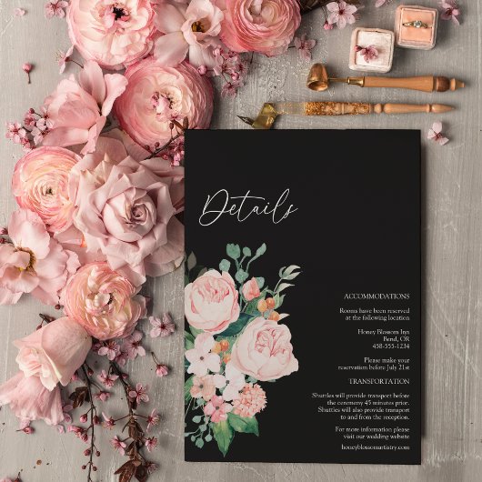 Blush Floral Black Wedding Details Informatiekaartje