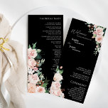 Blush Floral Black Wedding Flat Program Programmakaart<br><div class="desc">Dit bloedige zwarte bruiloft-platte programmaontwerp biedt een prachtige, chic-neutrale achtergrond van zwart of wit met eenvoudige moderne typografie en elegante kalligrafie om een gesofisticeerde toon aan te geven voor elke soort gebeurtenis. Elk product is voorzien van prachtige blush roze rozen en perzik en ivoor hydrangeas, die voorzien zijn van elush...</div>