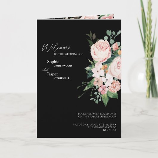 Blush Floral Black Wedding Folded Program Programma (Voorkant)