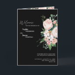 Blush Floral Black Wedding Folded Program Programma<br><div class="desc">Dit bloedige zwarte bruiloft gevouwen programmamodel is voorzien van prachtige, chic neutrale achtergronden van zwart of wit met eenvoudige moderne typografie en elegante kalligrafie om een gesofisticeerde toon aan te geven voor elke stijl van evenement. Elk product is voorzien van prachtige blush roze rozen en perzik en ivoor hydrangeas, die...</div>