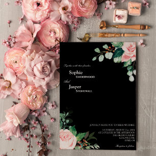 Blush Floral Black Wedding Invitation Kaart