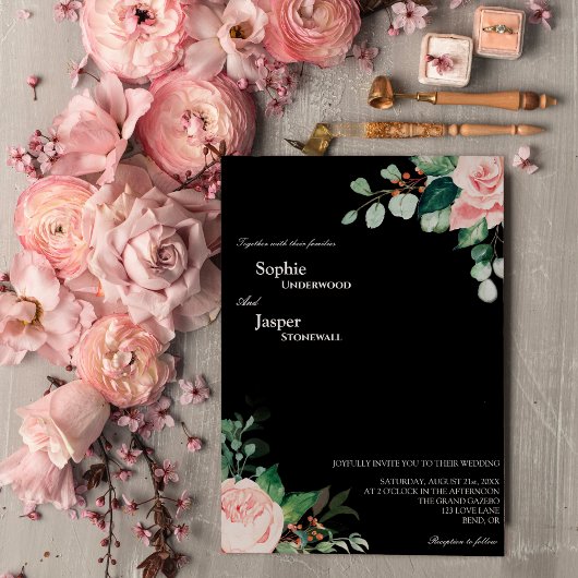 Blush Floral Black Wedding Invitation Kaart