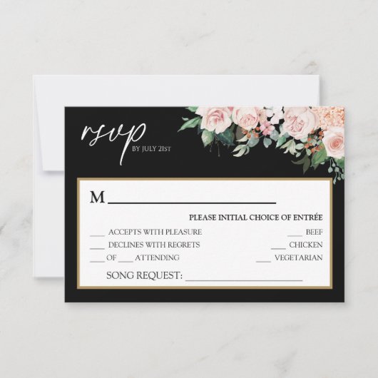 Blush Floral Black Wedding Song Request RSVP-kaart RSVP Kaartje (Voorkant)