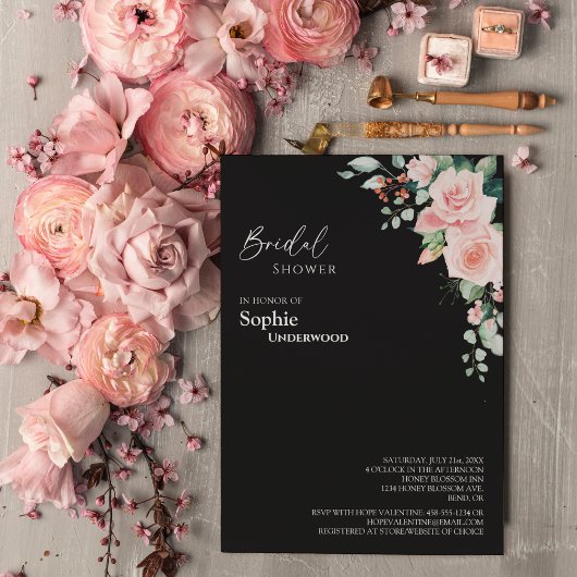 Blush Floral Black Wedding Vrijgezellenfeest Kaart
