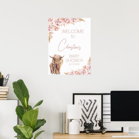 Blush Floral Boho Highland Koe Kalf Baby shower Poster (Thuiskantoor)