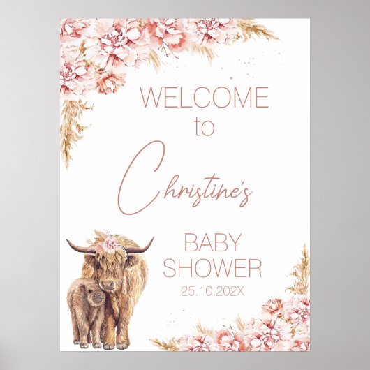 Blush Floral Boho Highland Koe Kalf Baby shower Poster (Voorkant)