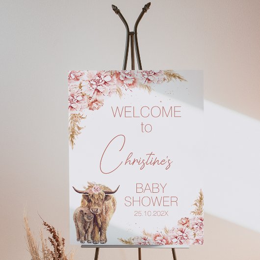Blush Floral Boho Highland Koe Kalf Baby shower Poster
