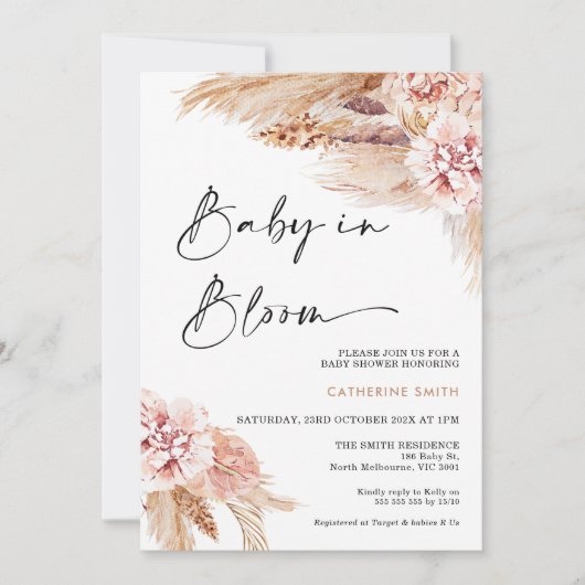 Blush Floral Boho Pampas Grass Baby in Bloom Kaart (Voorkant)