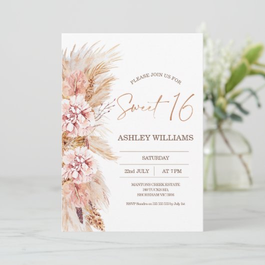 Blush Floral Boho Pampas Grass Sweet 16 Birthday Kaart (Staand voorkant)