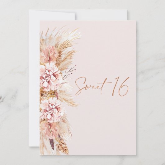 Blush Floral Boho Pampas Grass Sweet 16 Birthday Kaart (Achterkant)