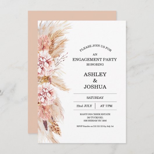 Blush Floral Boho Pampas Grass Verloving Kaart (Voorkant / Achterkant)