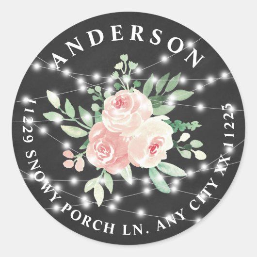 Blush Floral Bouquet String Lights retouradres Ronde Sticker (Voorkant)