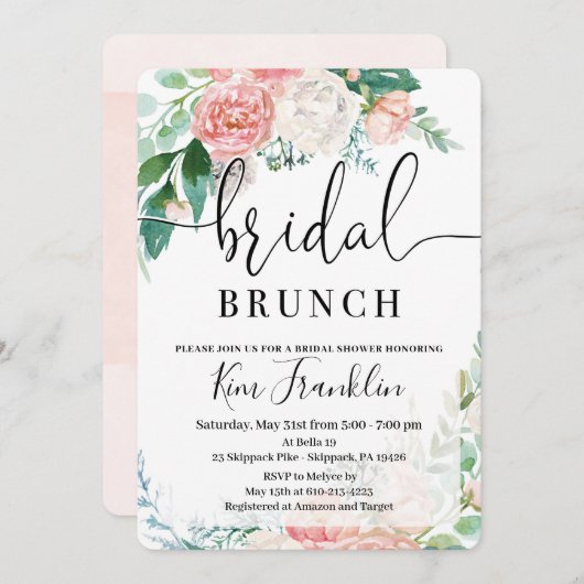 Blush Floral Bridal Brunch Shower-uitnodigingen Kaart (Voorkant / Achterkant)