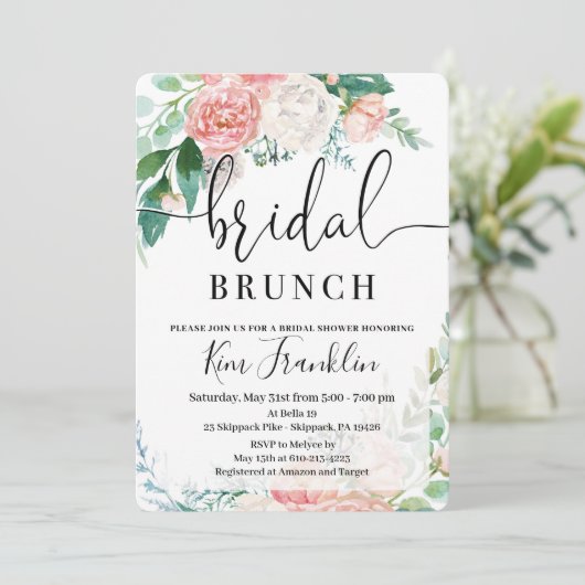 Blush Floral Bridal Brunch Shower-uitnodigingen Kaart (Staand voorkant)