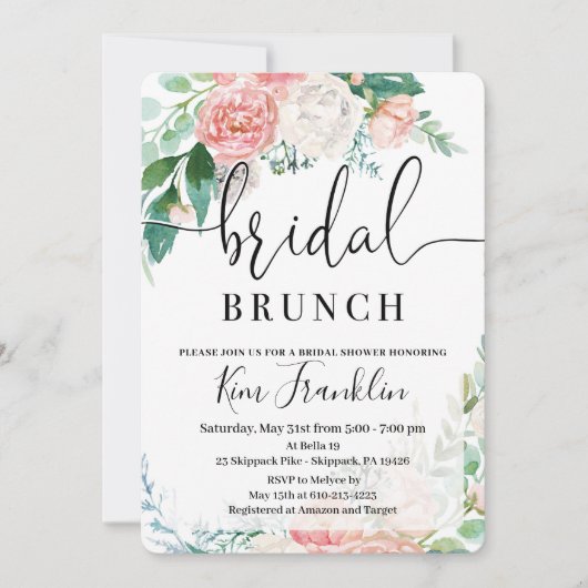 Blush Floral Bridal Brunch Shower-uitnodigingen Kaart (Voorkant)