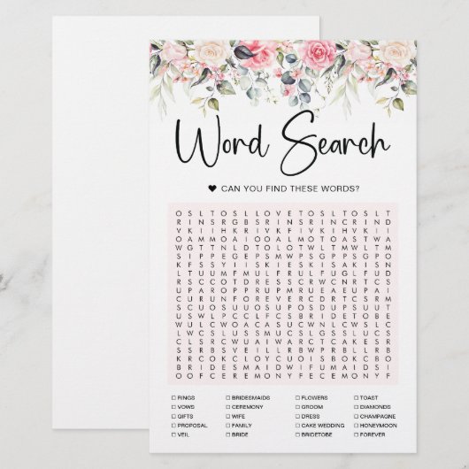 Blush Floral | Bridal Word Search Game Kaart (Voorkant / Achterkant)