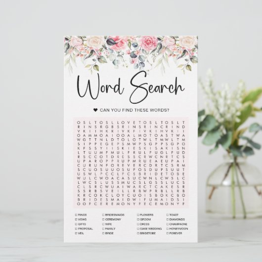 Blush Floral | Bridal Word Search Game Kaart (Staand voorkant)