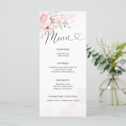 Blush floral bruiloft menkkaart menu (Staand voorkant)