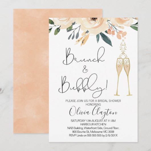 Blush Floral Brunch Bubble Vrijgezellenfeest Invit Kaart (Voorkant / Achterkant)