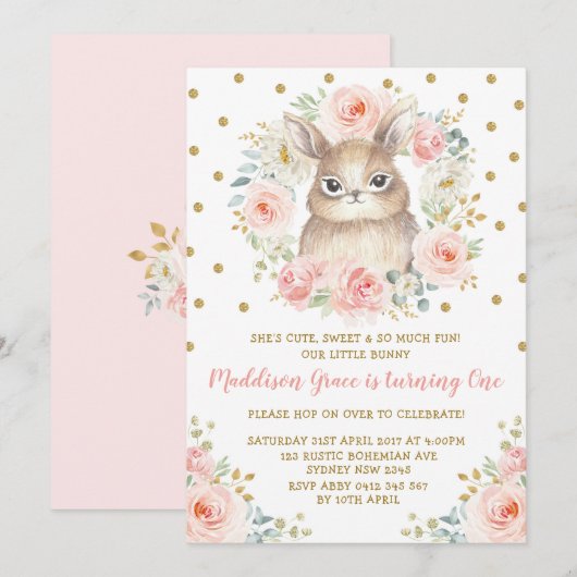 Blush Floral Bunny Rabbit 1st Birthday Pink Gold Kaart (Voorkant / Achterkant)