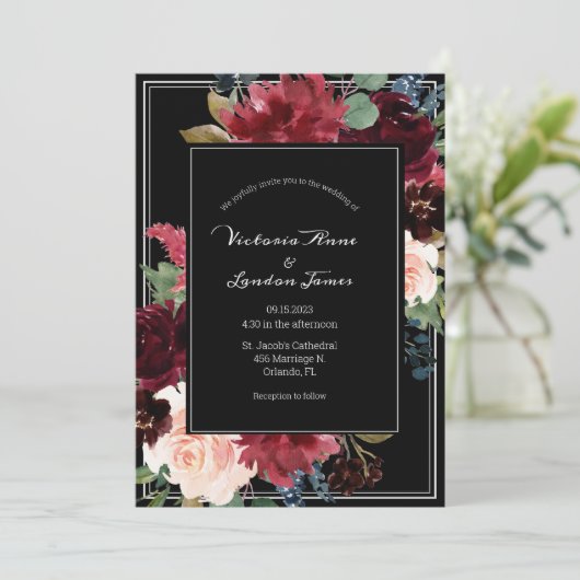 Blush Floral Burgundy Elegant Script Weduwschap Kaart (Staand voorkant)