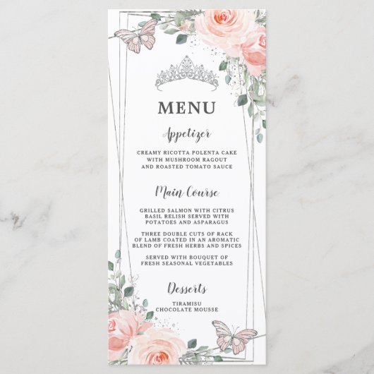 Blush Floral Butterflies Quinceañera Sweet 16 Menu (Voorkant)