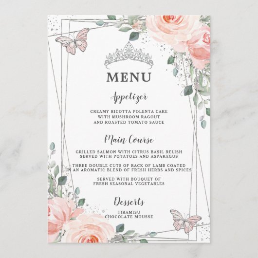 Blush Floral Butterflies Quinceañera Sweet 16 Menu (Voorkant)