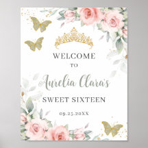 Blush Floral Butterflies Sage Green Sweet Sixteen