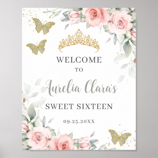 Blush Floral Butterflies Sage Green Sweet Sixteen Poster (Voorkant)