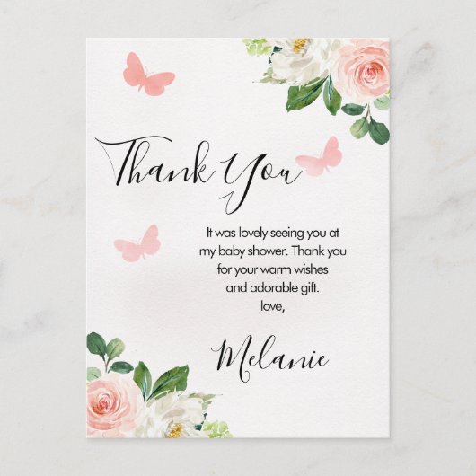 Blush Floral Butterfly Baby shower Dank u wel Briefkaart (Voorkant)