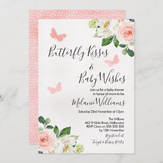 Blush Floral Butterfly Baby shower Invitation Kaart (Voorkant / Achterkant)