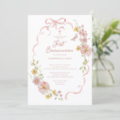Blush Floral Butterfly Communion Invitation Kaart (Staand voorkant)