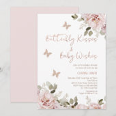 Blush Floral Butterfly Kisses Baby shower Kaart (Voorkant / Achterkant)